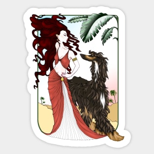 AFGHAN HOUND. Black & Tan  Afghan with brown haired goddess. Sticker